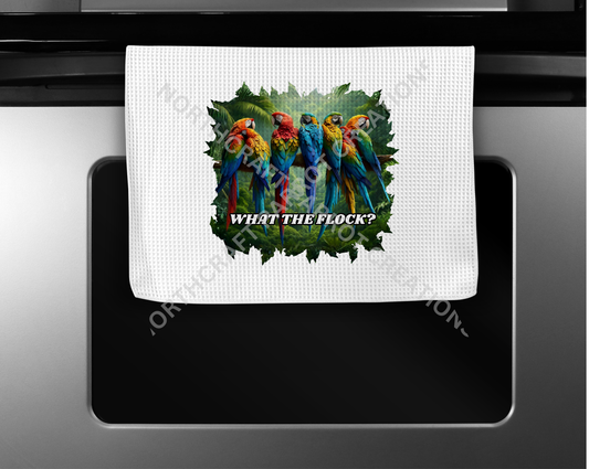 Macaws "What the Flock" Microfiber Waffle Weave kitchen towel