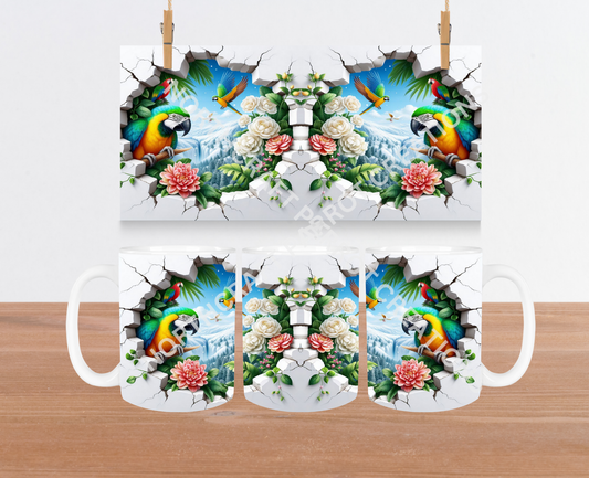 Macaws (Blue & Gold, Scarlet) Hole in Wall with Flowers 15oz Ceramic Mug