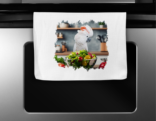 Moluccan Cockatoo with Veggie Bowl Microfiber Kitchen Towel
