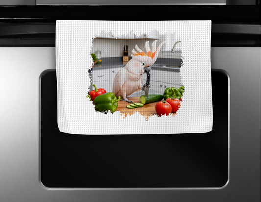 Moluccan Cockatoo Cutting Veggies Microfiber Kitchen Towel