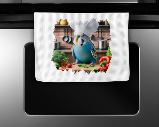Parakeet (Blue) Wearing Chef Hat Microfiber Kitchen Towel