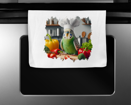 Parakeet (Green) Wearing a Chef Hat Microfiber Kitchen Towel