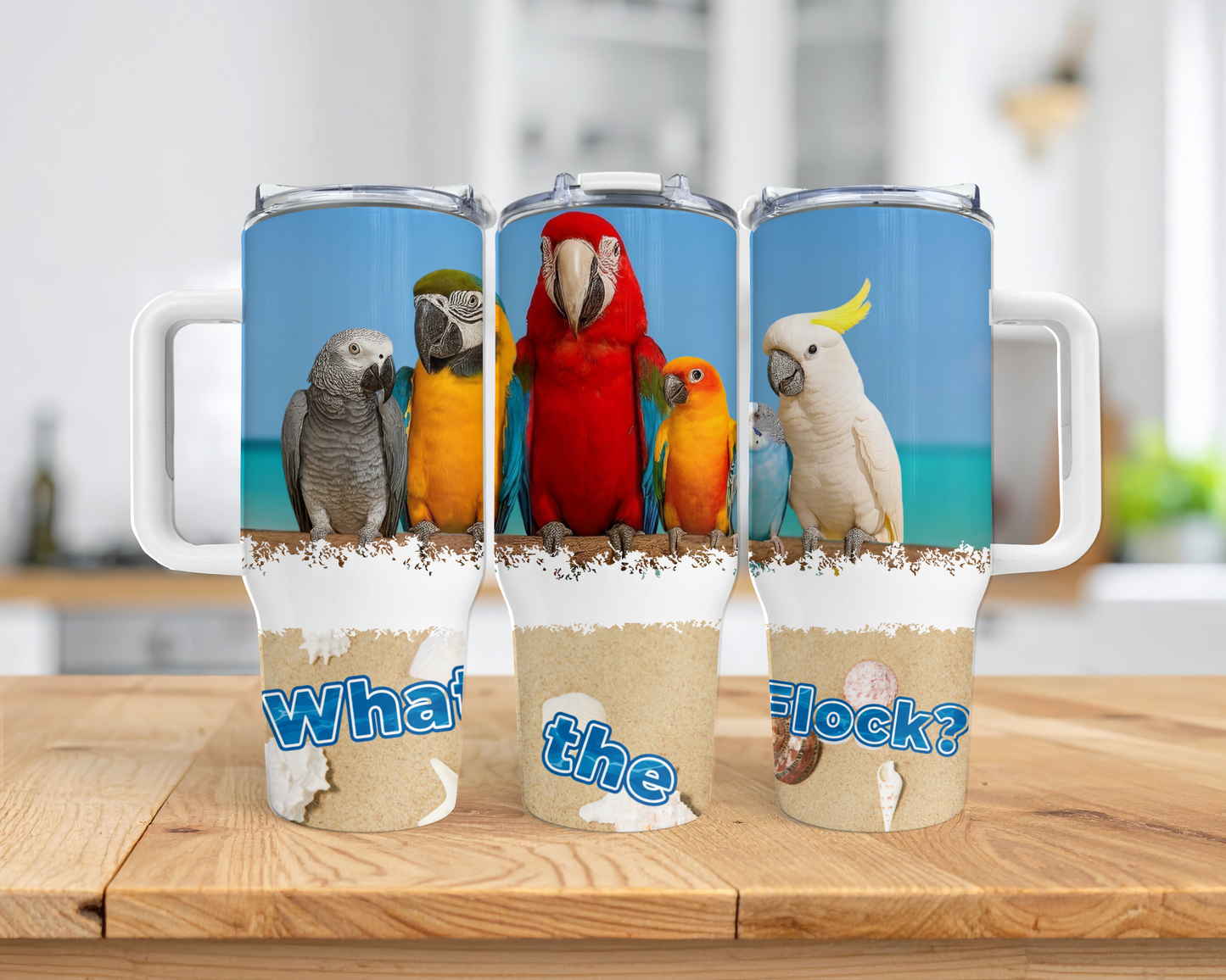 Parrot Flock with Ocean Scene "What the Flock" 40oz Stainless Steel Tumbler