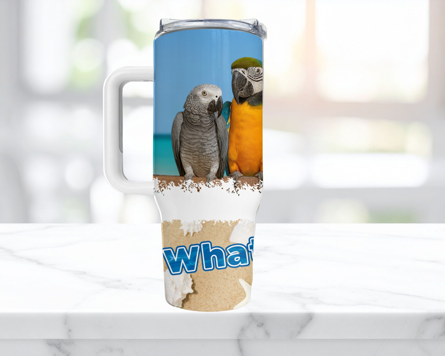 Parrot Flock with Ocean Scene "What the Flock" 40oz Stainless Steel Tumbler