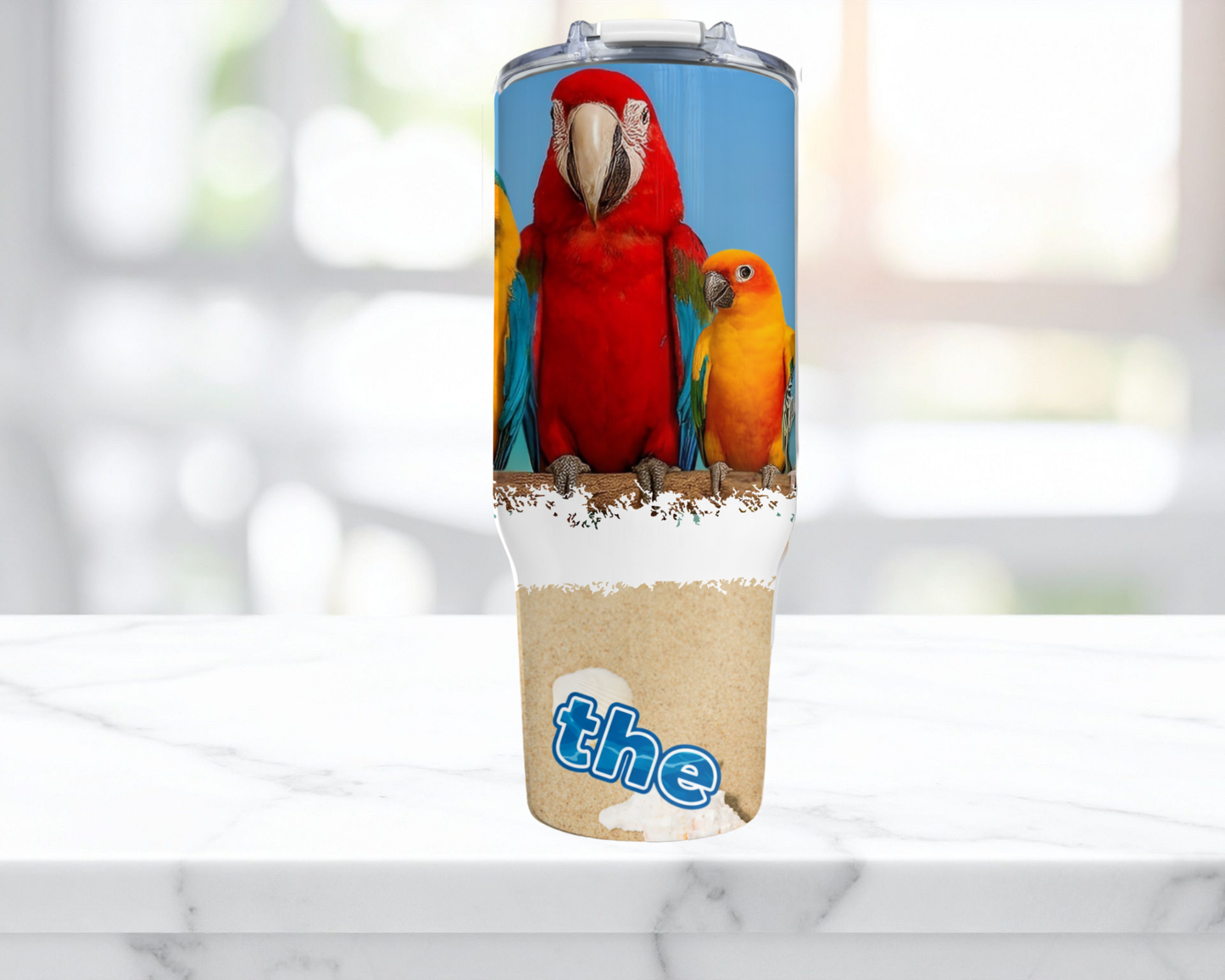Parrot Flock with Ocean Scene "What the Flock" 40oz Stainless Steel Tumbler