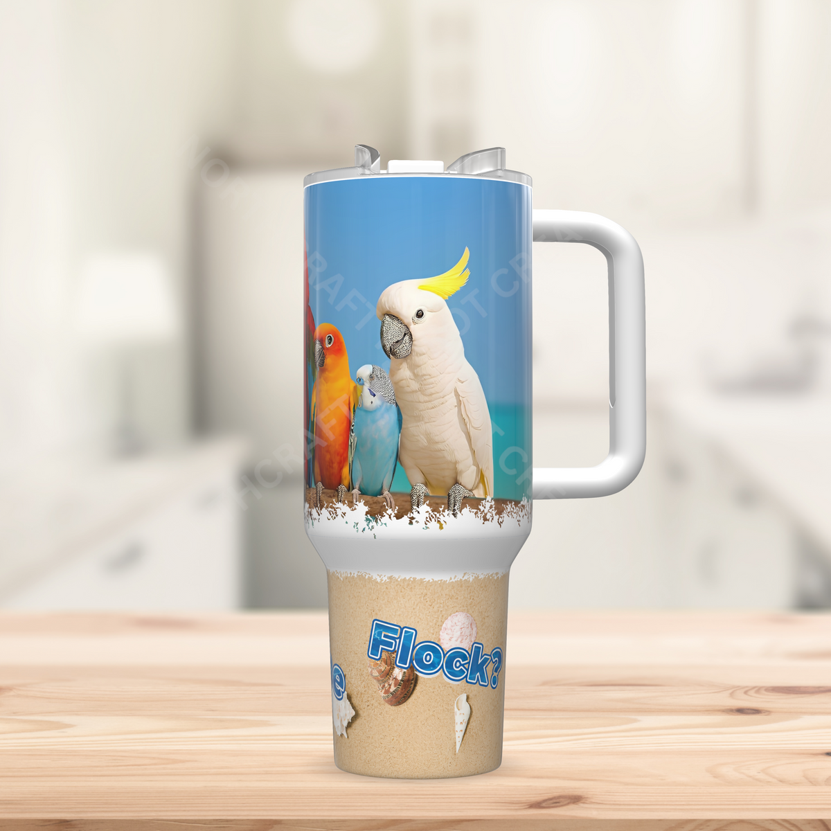 Parrot Flock with Ocean Scene "What the Flock" 40oz Stainless Steel Tumbler