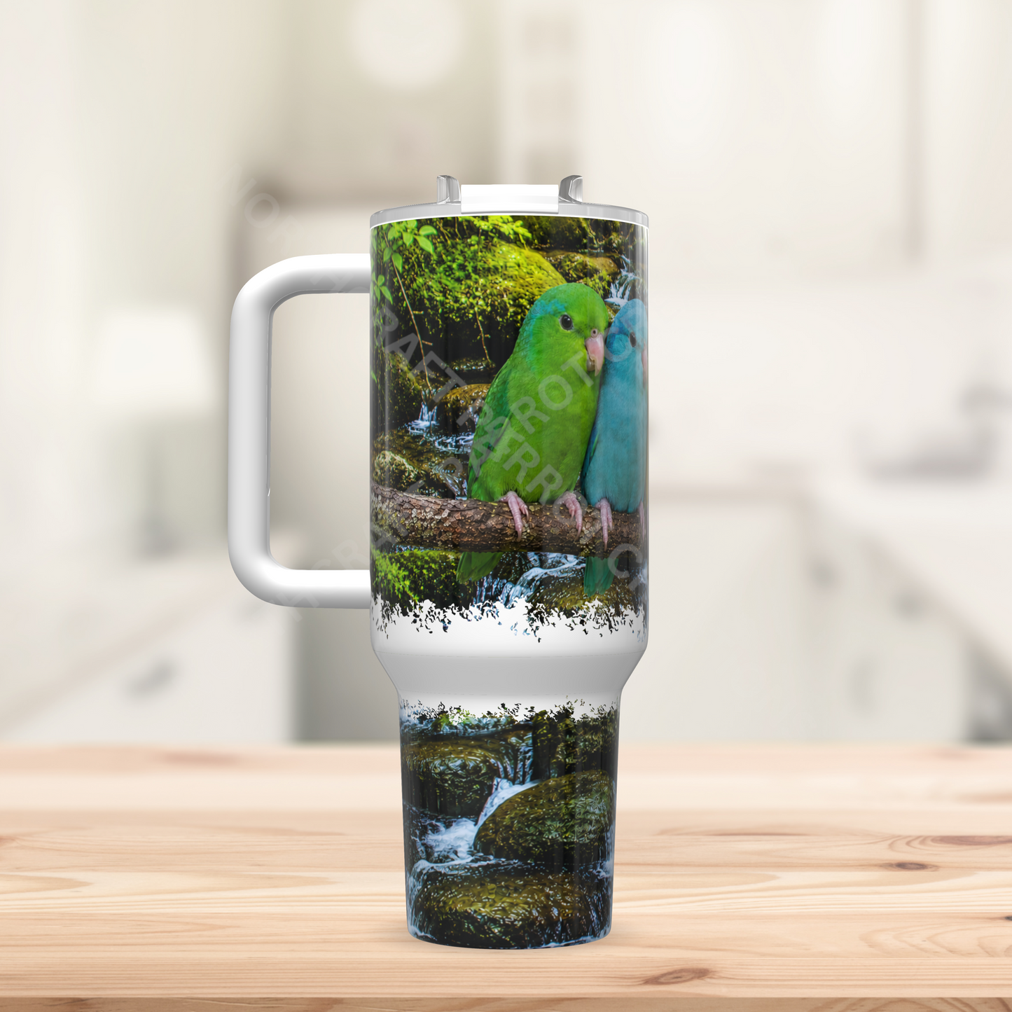 Parrotlet Flock on a Branch Above a Stream 40oz Stainless Steel Parrot Tumbler
