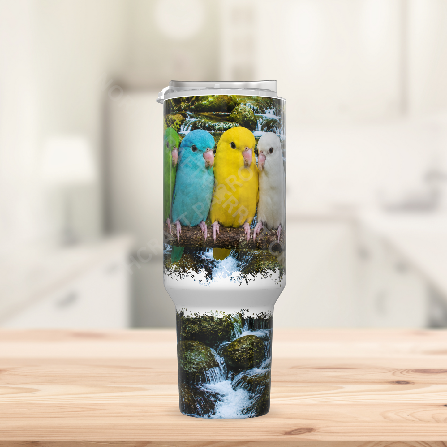 Parrotlet Flock on a Branch Above a Stream 40oz Stainless Steel Parrot Tumbler