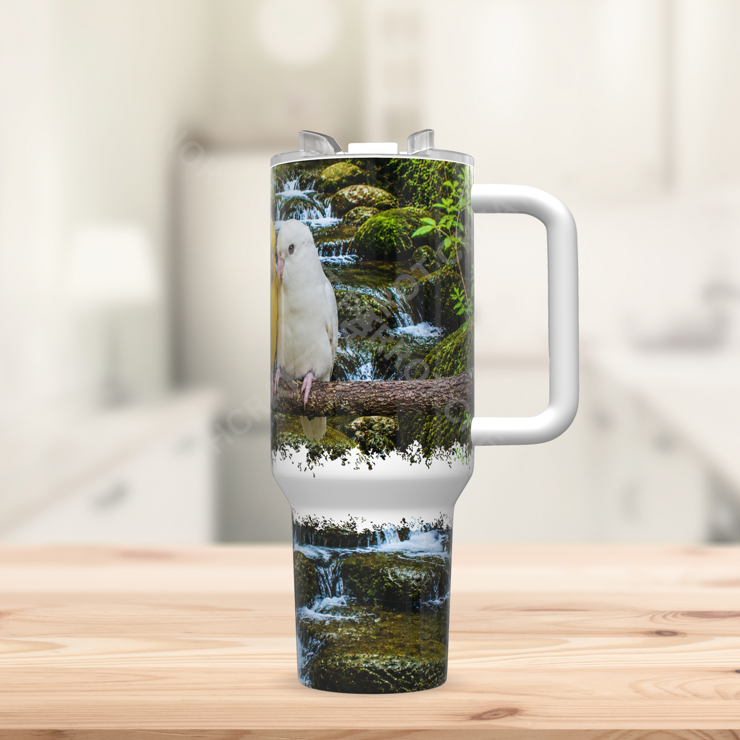 Parrotlet Flock on a Branch Above a Stream 40oz Stainless Steel Parrot Tumbler