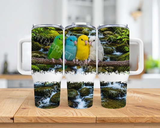Parrotlet Flock on a Branch Above a Stream 40oz Stainless Steel Parrot Tumbler