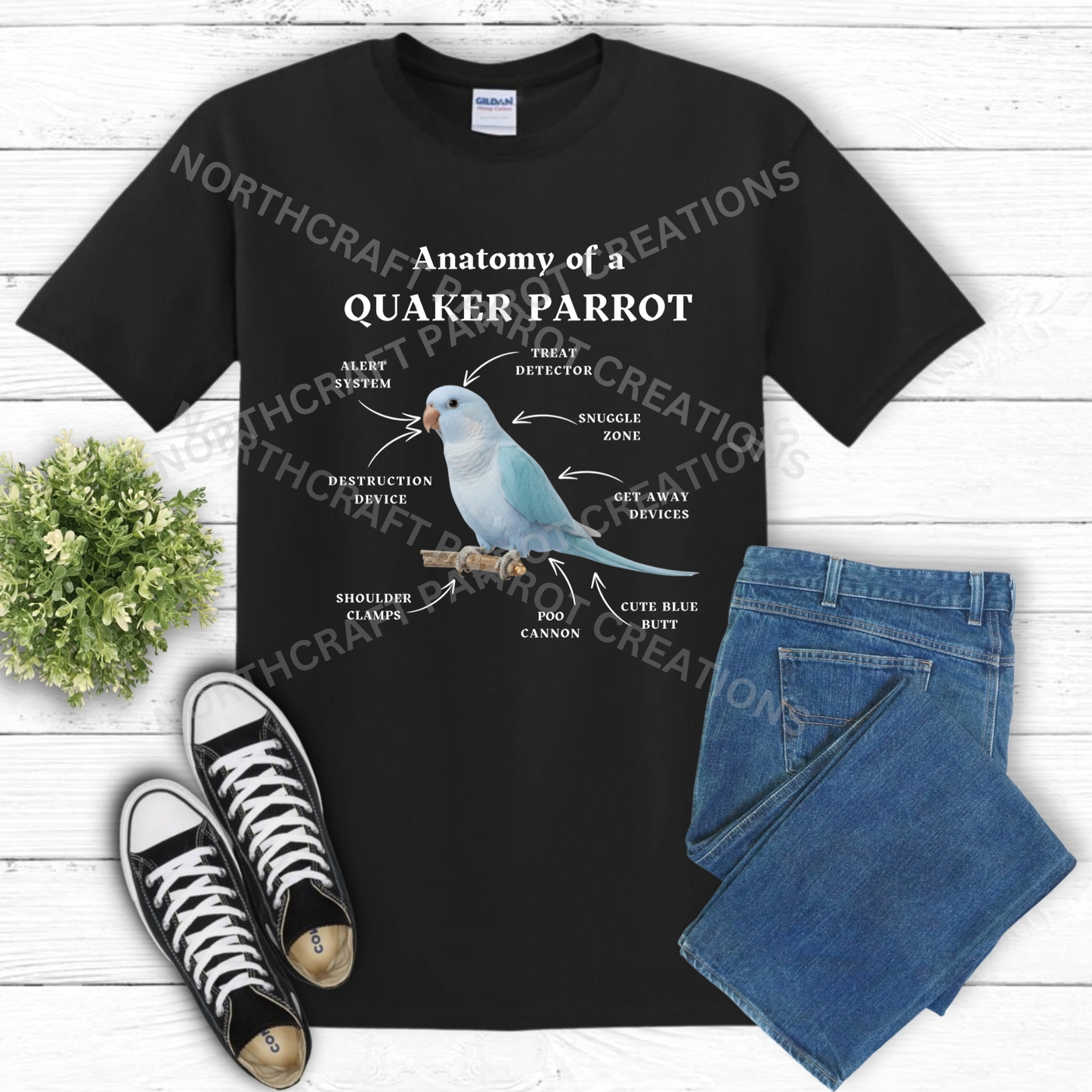 Quaker (Blue) "Anatomy of a Quaker Parrot" Descriptive Labels 100% Cotton Parrot Shirt