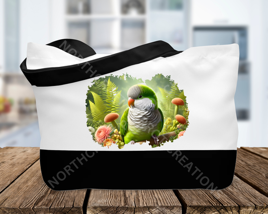 Quaker (Green) in a Flowered Garden Canvas Tote Bag