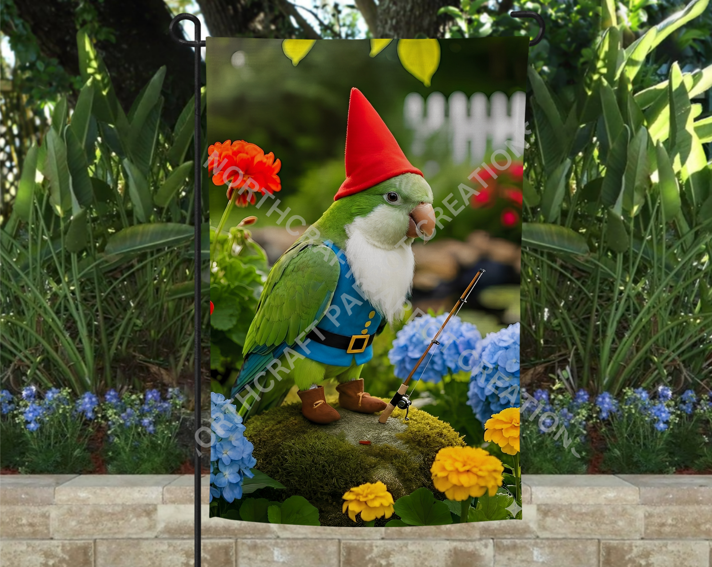 Quaker Parrot (Green) Dressed as Gnome Fishing Garden Flag