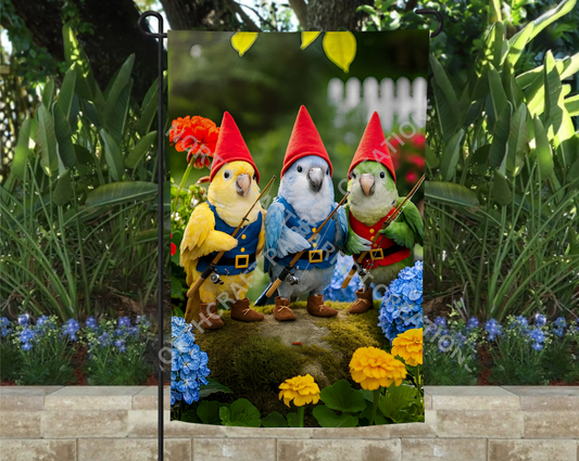 Quaker Trio (yellow blue green) Dressed as Gnomes Fishing