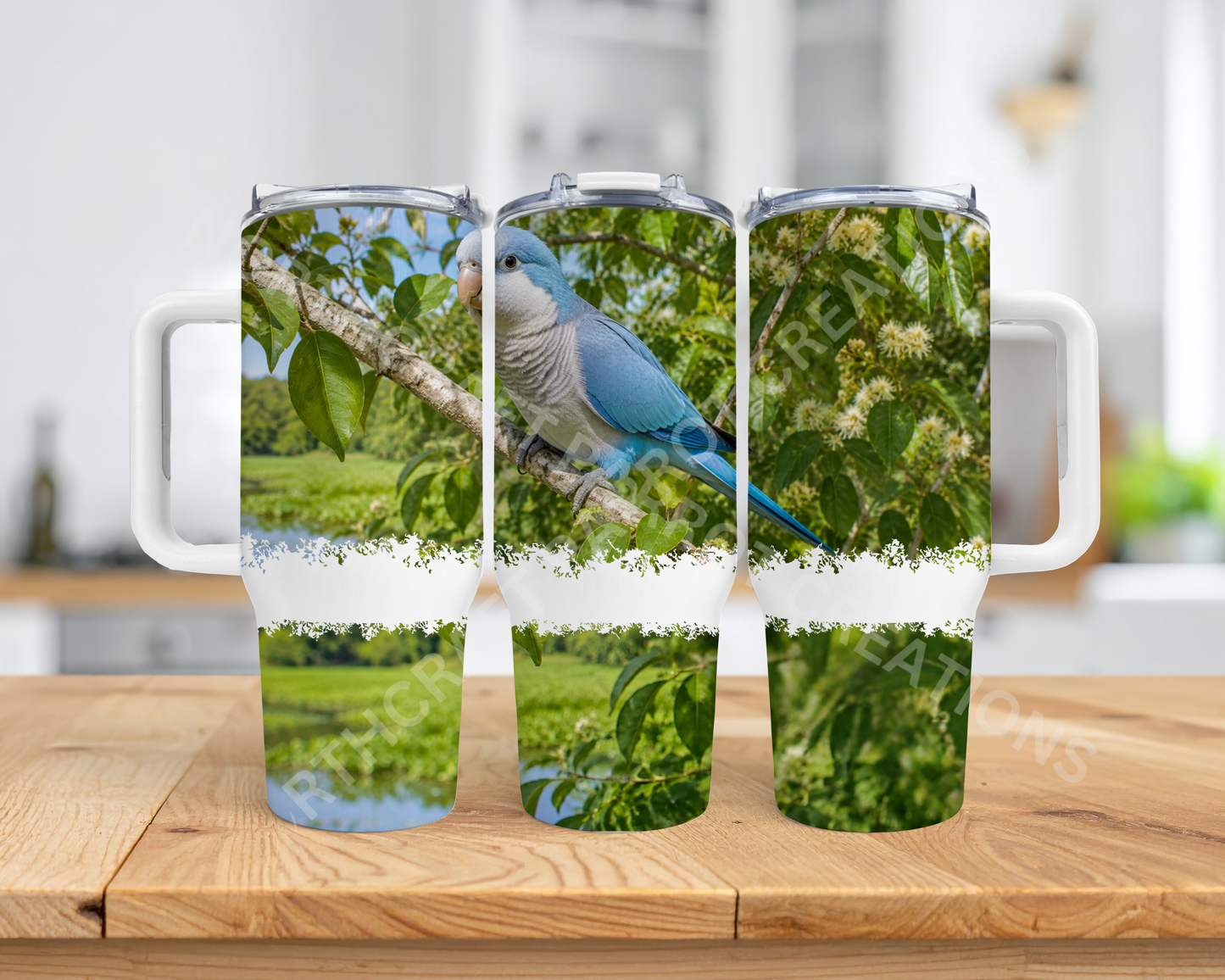 Quaker (Blue) Among Leaves in Nature Setting 40oz Stainless Steel Parrot Tumbler