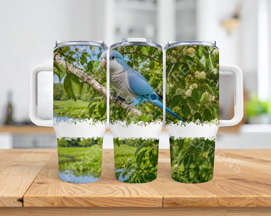 Quaker (Blue) Among Leaves in Nature Setting 40oz Stainless Steel Parrot Tumbler