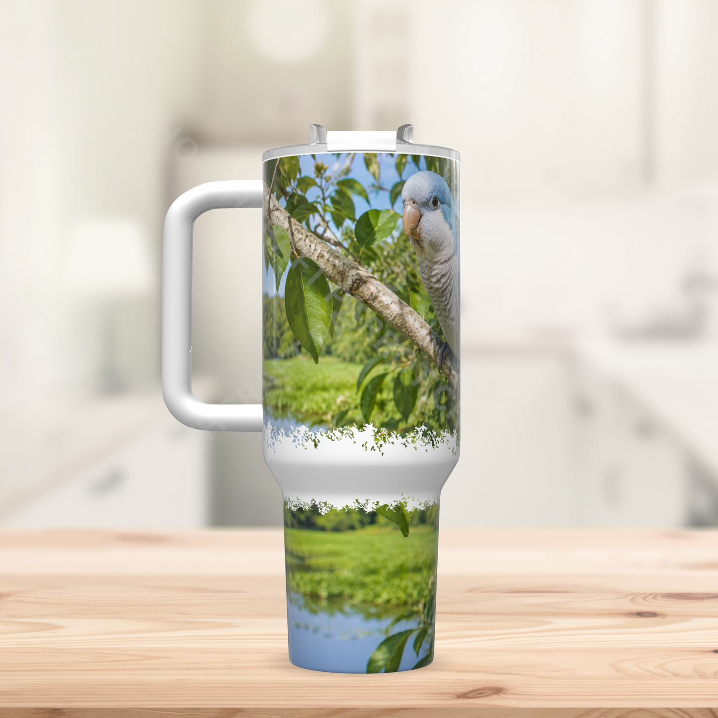 Quaker (Blue) Among Leaves in Nature Setting 40oz Stainless Steel Parrot Tumbler