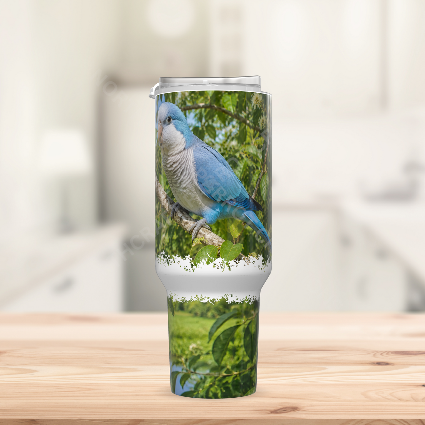 Quaker (Blue) Among Leaves in Nature Setting 40oz Stainless Steel Parrot Tumbler