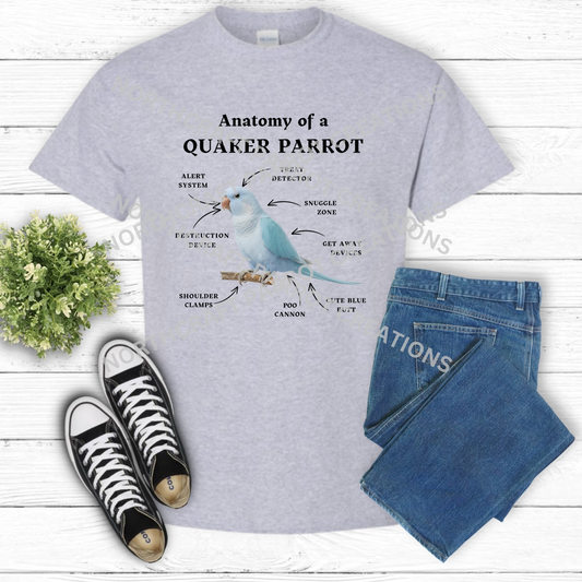 Quaker (Blue) "Anatomy of a Quaker Parrot" Descriptive Labels 100% Cotton Parrot Shirt