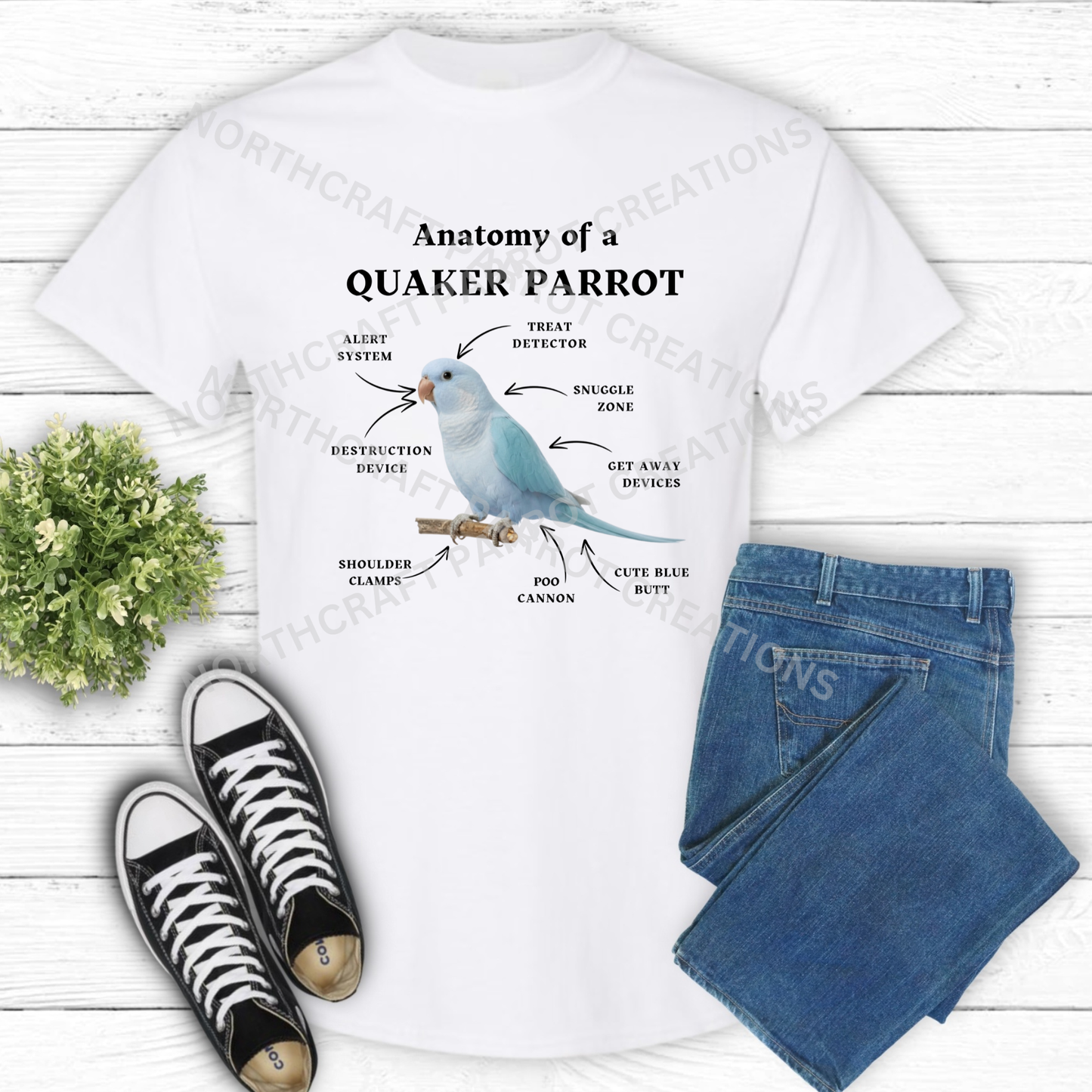Quaker (Blue) "Anatomy of a Quaker Parrot" Descriptive Labels 100% Cotton Parrot Shirt
