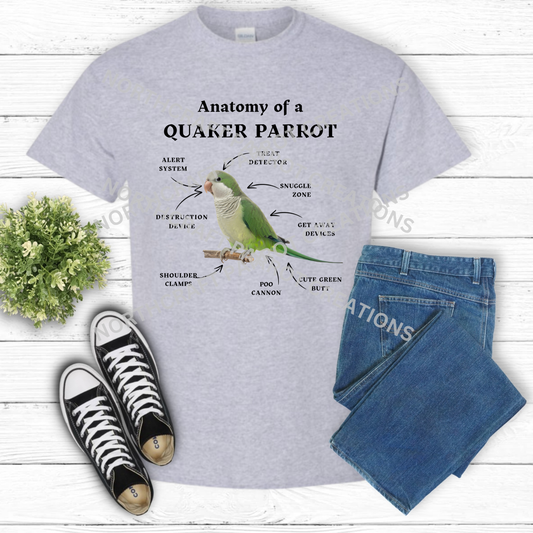 Quaker (Green) "Anatomy of a Quaker Parrot" Descriptive Labels 100% Cotton Parrot Shirt