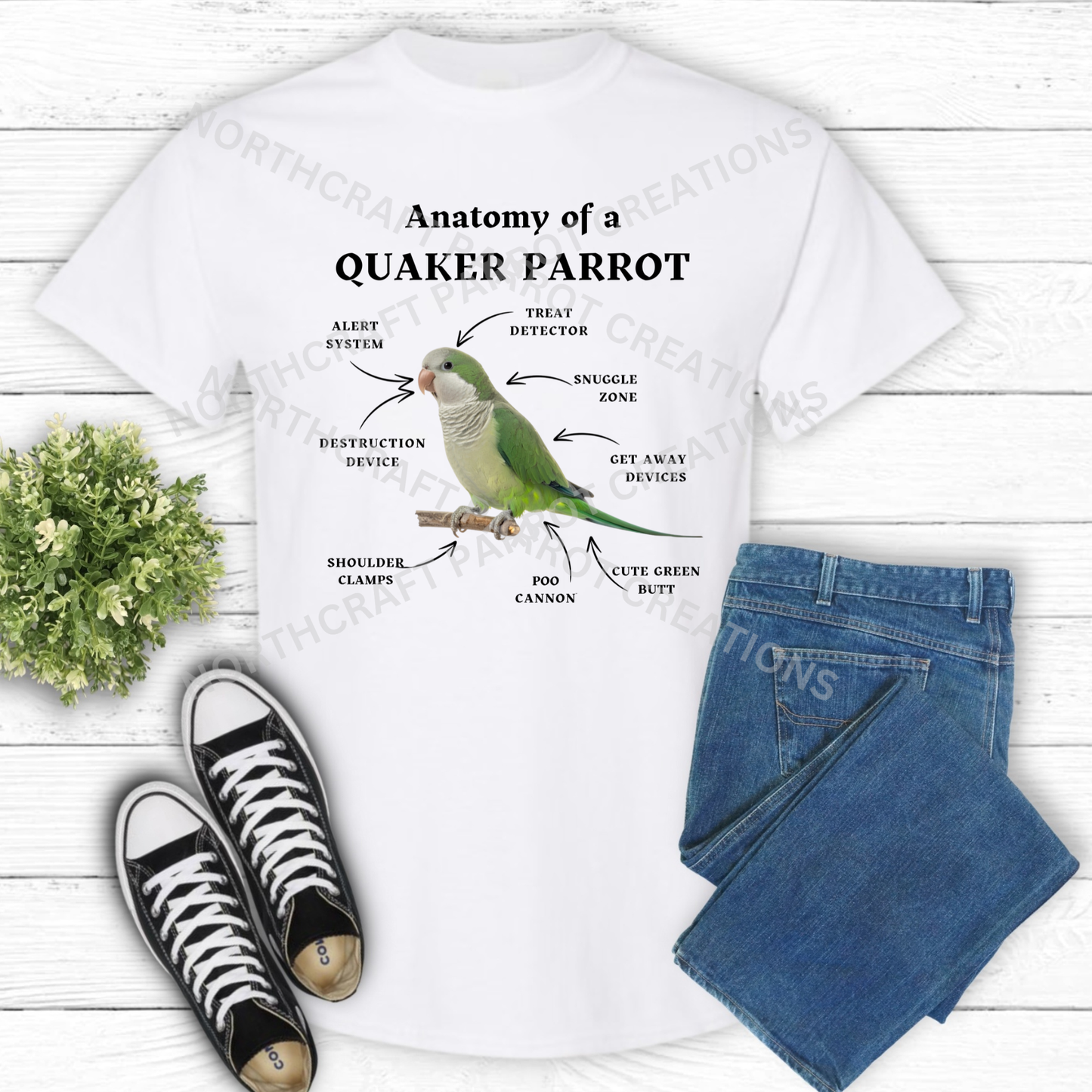 Quaker (Green) "Anatomy of a Quaker Parrot" Descriptive Labels 100% Cotton Parrot Shirt