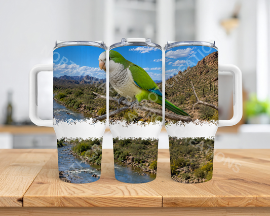 Quaker (Green) With a Scenic River View 40oz Stainless Steel Parrot Tumbler