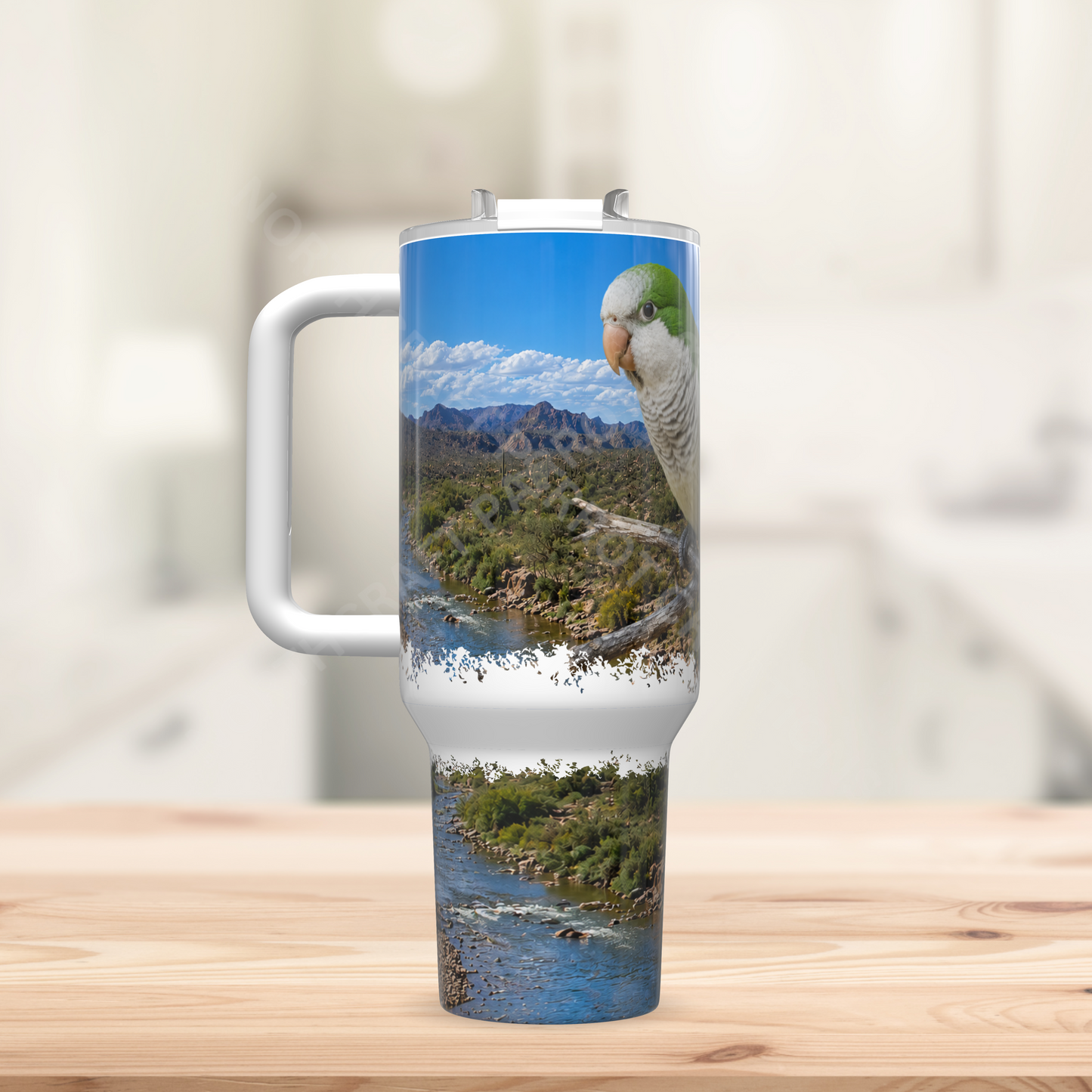 Quaker (Green) With a Scenic River View 40oz Stainless Steel Parrot Tumbler