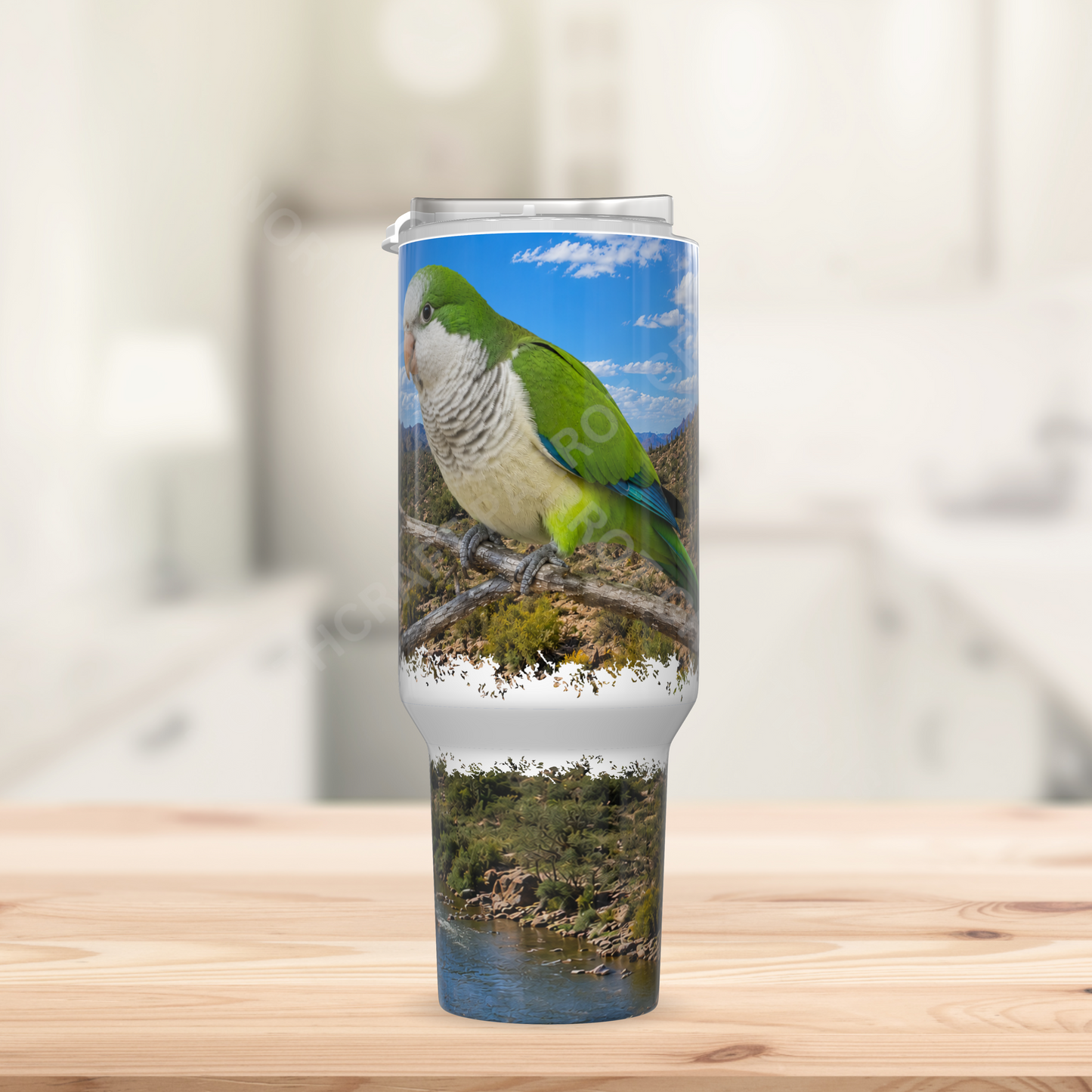 Quaker (Green) With a Scenic River View 40oz Stainless Steel Parrot Tumbler