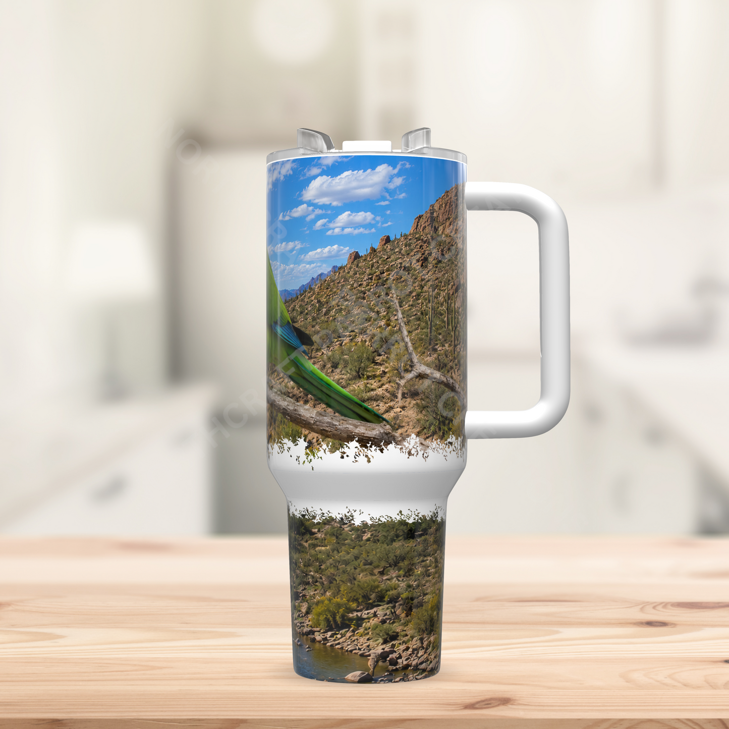 Quaker (Green) With a Scenic River View 40oz Stainless Steel Parrot Tumbler