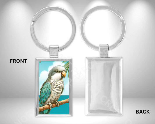 Quaker (Blue) on Branch Against a Sky Rectangle Metal Keychain