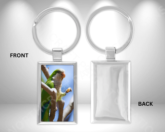 Quaker (Green) Eating on a Branch Rectangle Metal Keychain