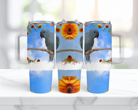 Ringneck (Blue) Against a Sky with Flowers
