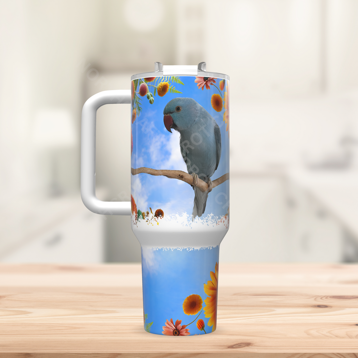 Ringneck (Blue) Against a Sky with Flowers 40oz Stainless Steel Tumbler