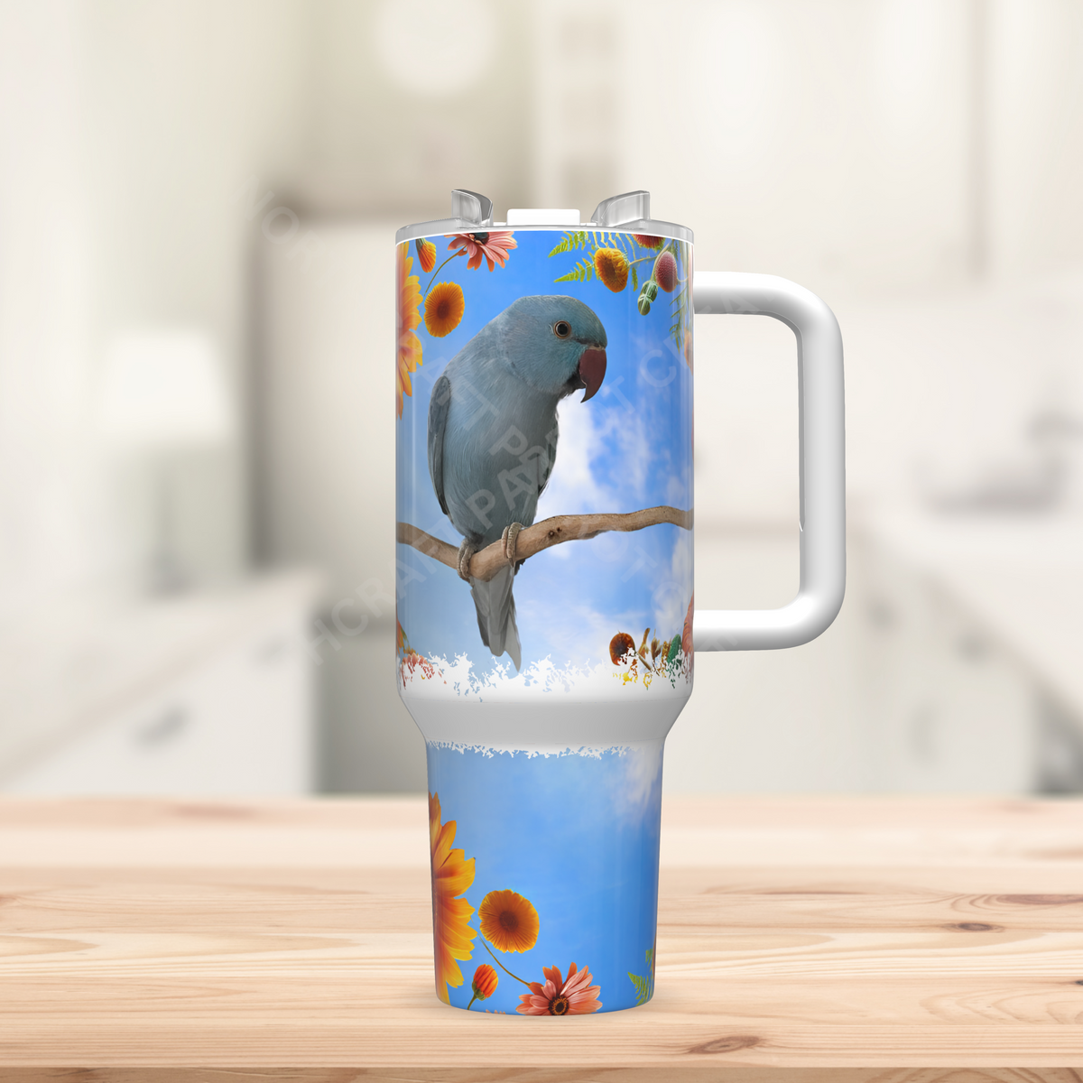 Ringneck (Blue) Against a Sky with Flowers 40oz Stainless Steel Tumbler