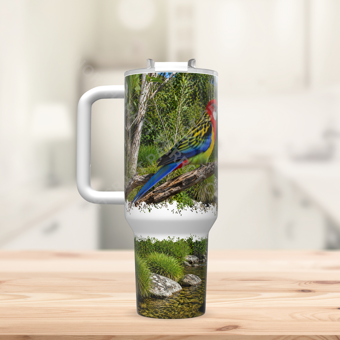 Rosella on branch with stream 40oz Stainless Steel Parrot Tumbler