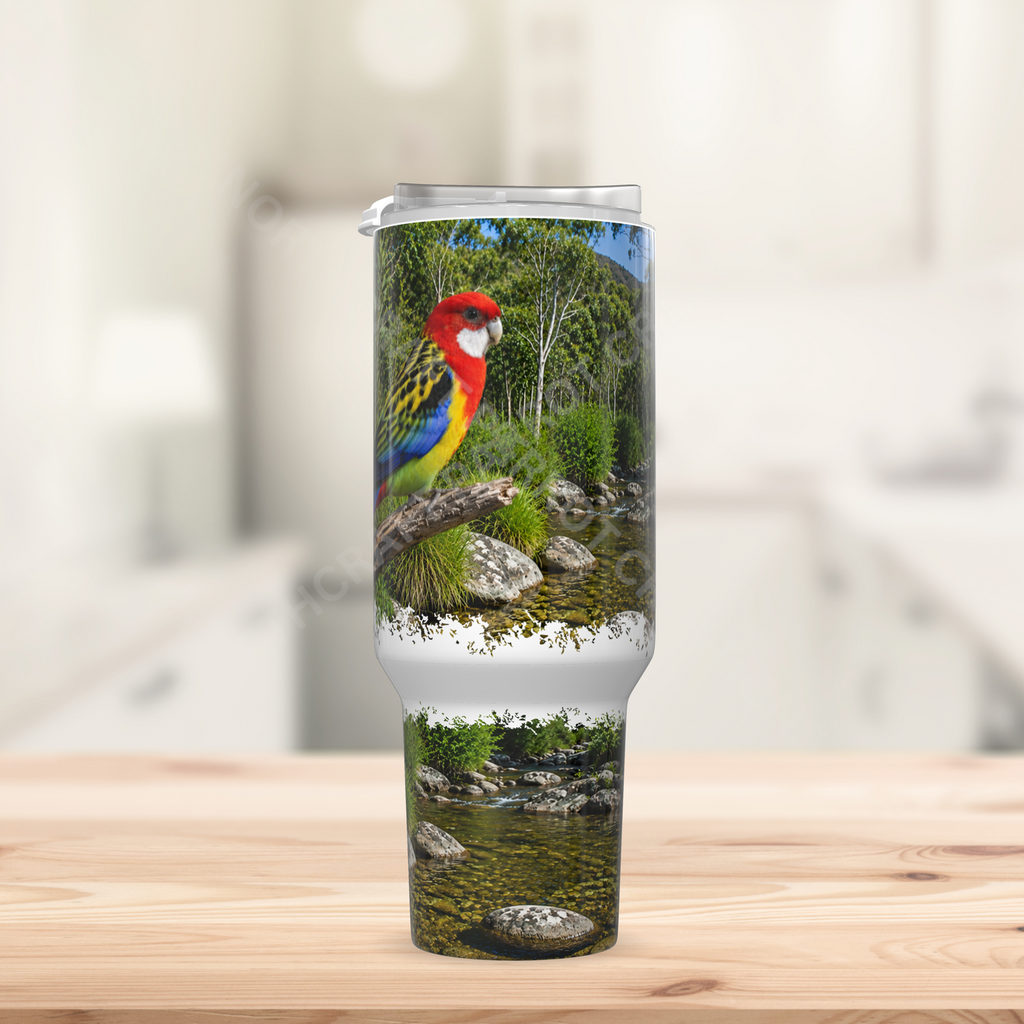 Rosella on branch with stream 40oz Stainless Steel Parrot Tumbler