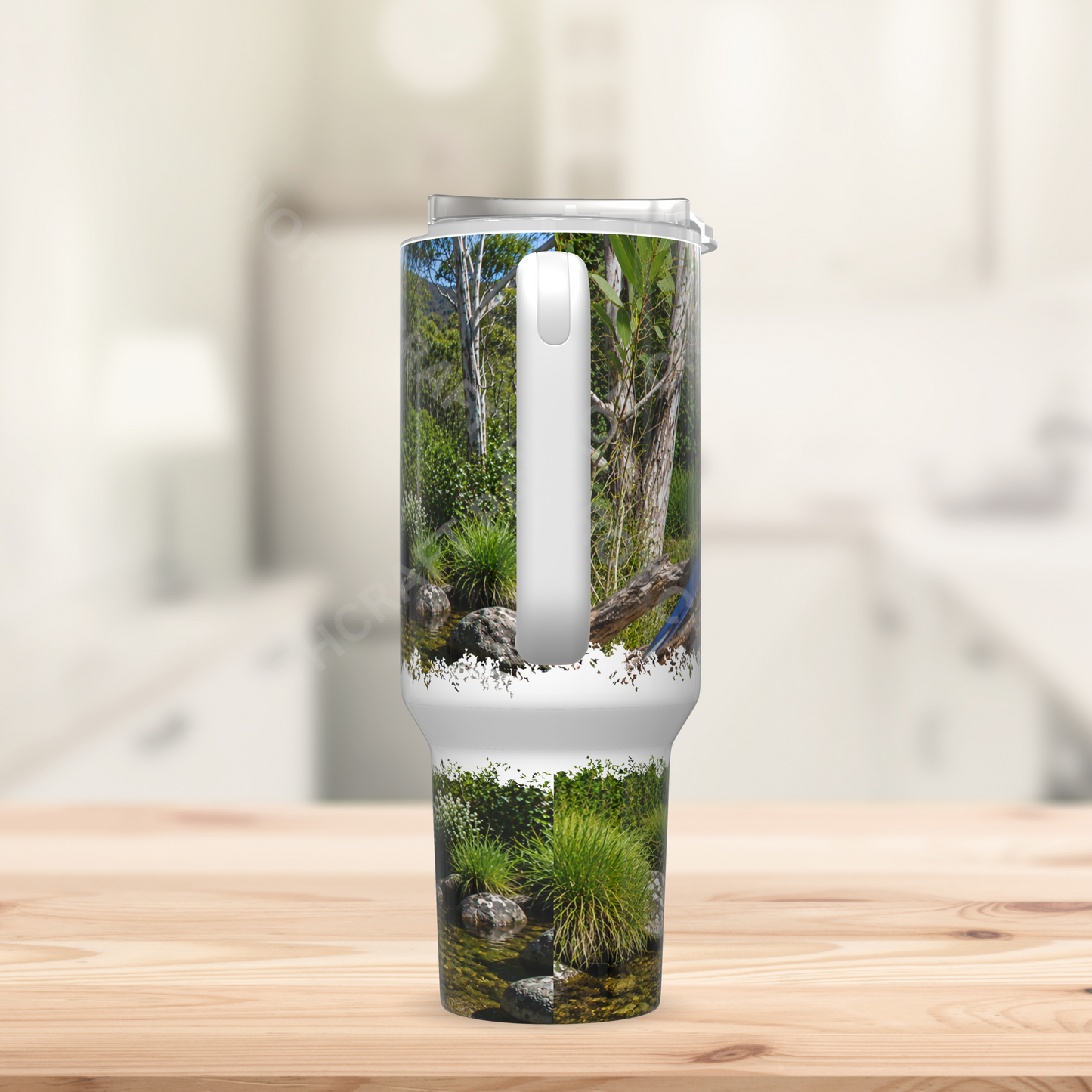 Rosella on branch with stream 40oz Stainless Steel Parrot Tumbler