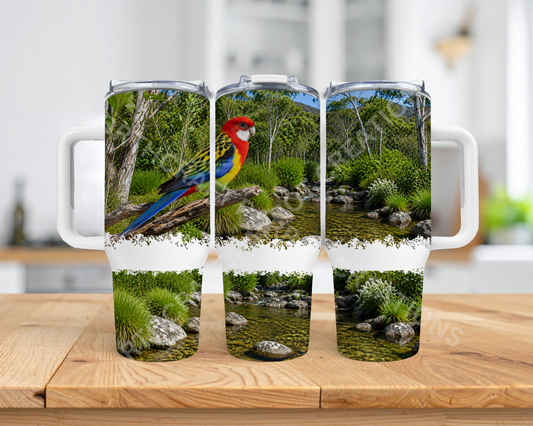 Rosella on branch with stream 40oz Stainless Steel Parrot Tumbler