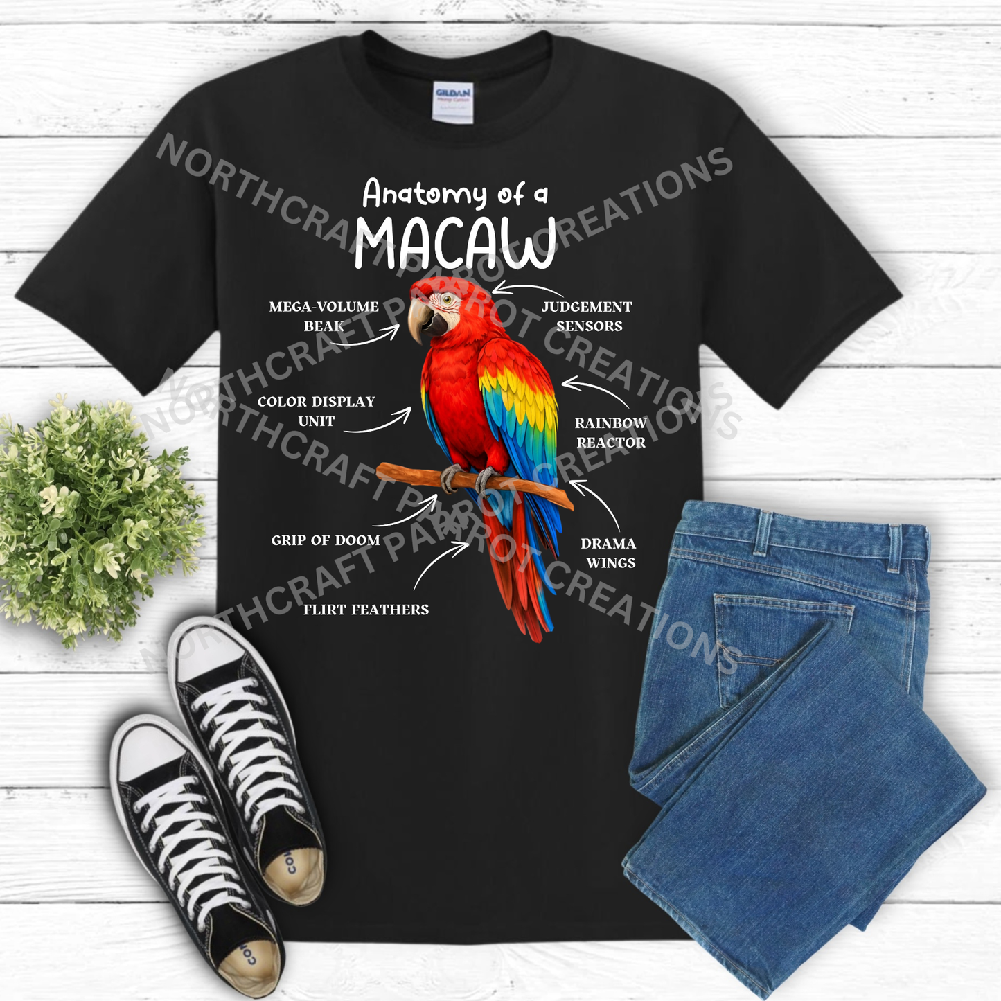Scarlet Macaw "Anatomy of a Macaw" Descriptive Labels 100% Cotton Parrot Shirt