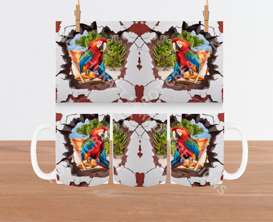 Scarlet Macaw Cracked Wall Beach Scene 15oz Ceramic Mug