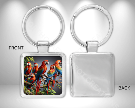 Scarlet Macaw Flock on Branches Square Metal Keychain
