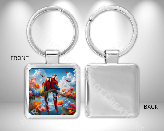 Scarlet Macaw Pair on Branch with Flowers and Clouds Square Metal Keychain