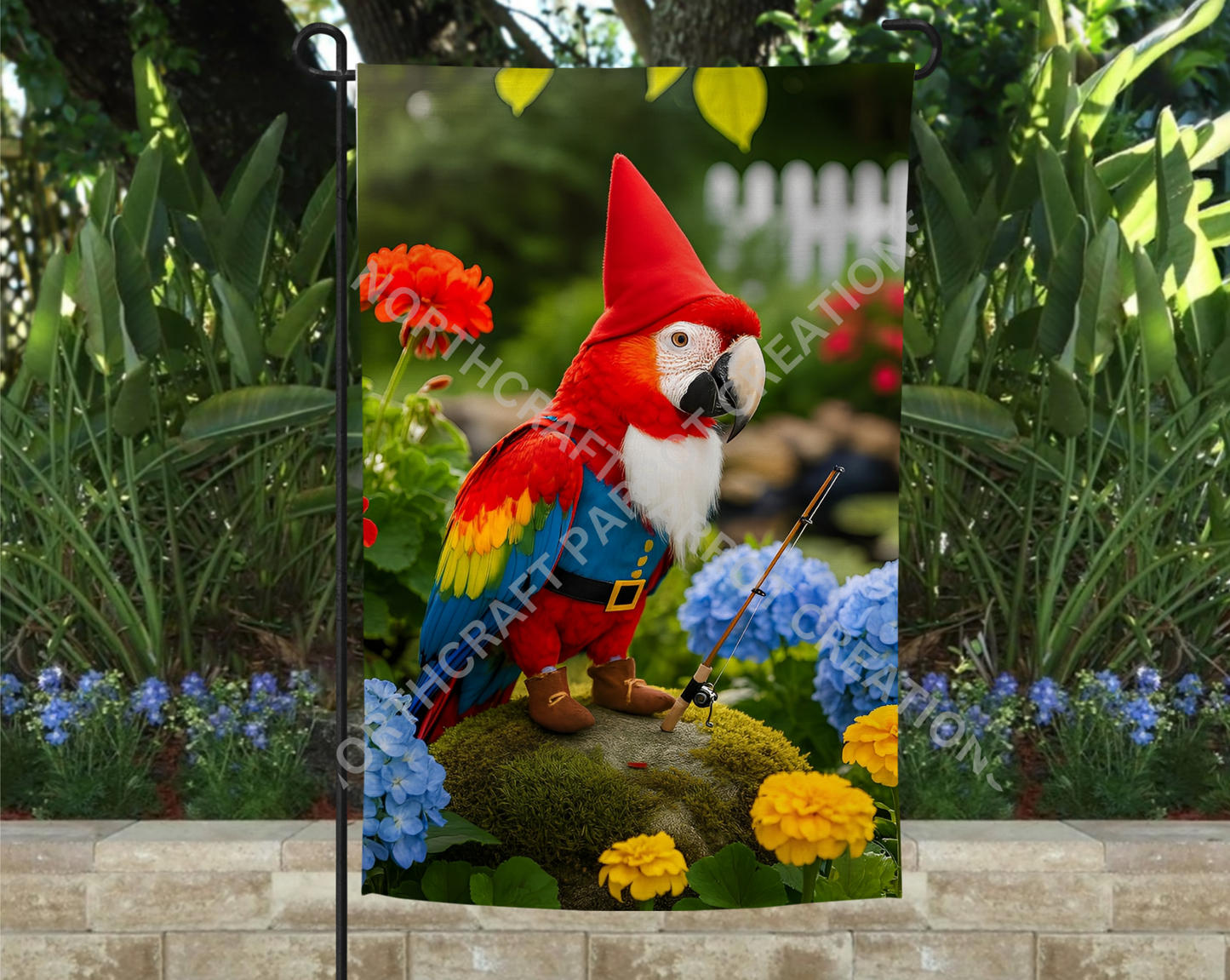 Scarlet Macaw as Garden Gnome Fishing Garden Flag