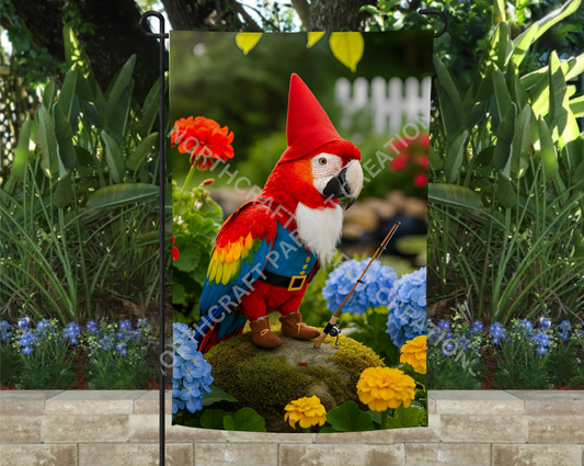 Scarlet Macaw as Garden Gnome Fishing Garden Flag