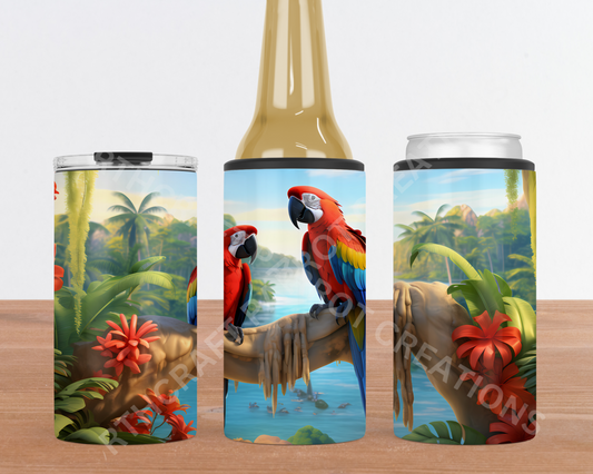 Scarlet Macaw Pair on Branch in Rainforest 4-in-1 Stainless Steel Can Cooler