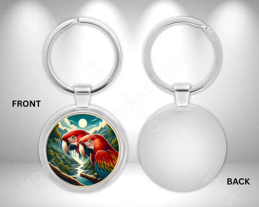 Scarlet Macaw Pair with Mountains Circle Metal Keychain