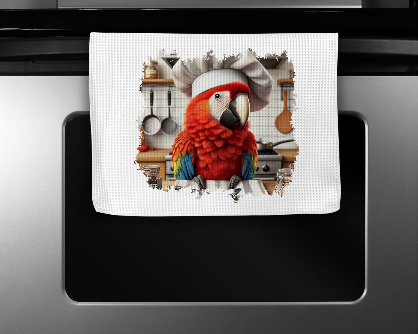 Scarlet Macaw Wearing a Chef Hat Microfiber Kitchen Towel