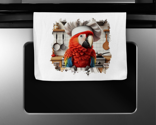 Scarlet Macaw Wearing a Chef Hat Microfiber Kitchen Towel