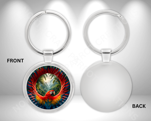 Scarlet Macaw with Wings Spread Circle Metal Keychain